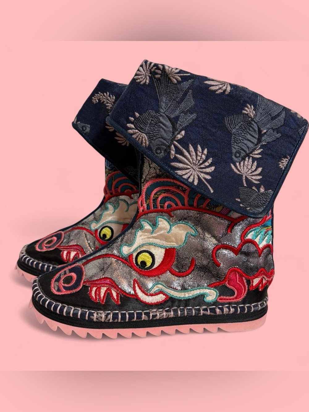 Irregular Choice Navy & Pink Dragon Embroidered Fold-Over Boots
